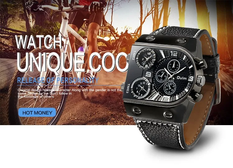 Модные Военные мужские часы из искусственной кожи роскошного бренда Oulm с несколькими часовыми поясами спортивные мужские кварцевые часы