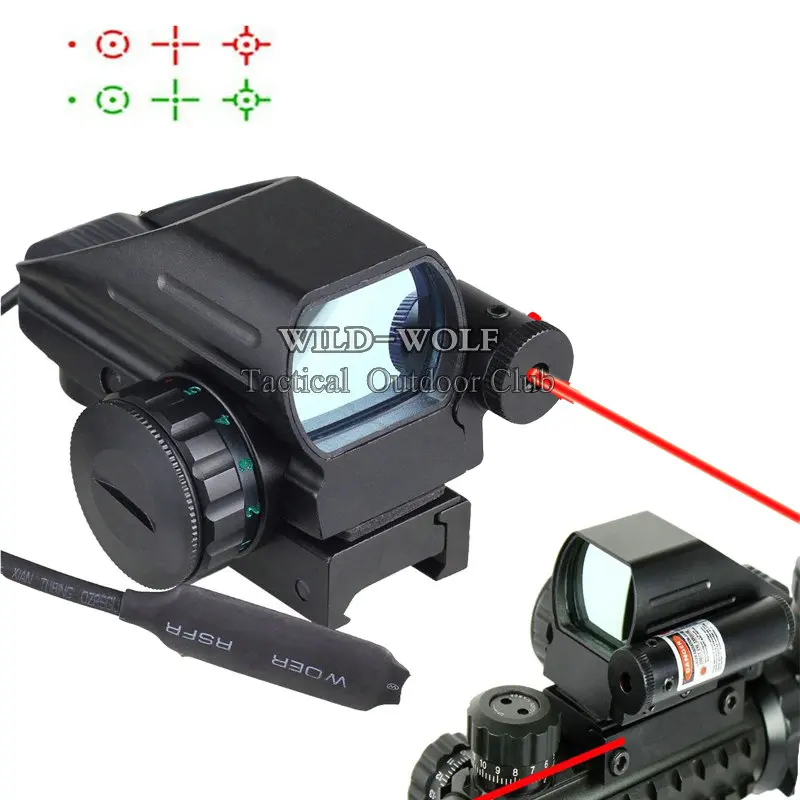 

Tactical Holographic Reflex 4 Reticles Red/Green Dot Sight Scope w/Red Laser Sight Hunting Airsoft RifleScope Fr 20mm Rail Sight