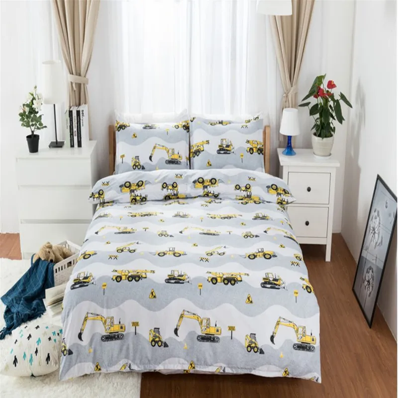 Free shipping children cartoon excavating machine 3/4pcs bedding set no