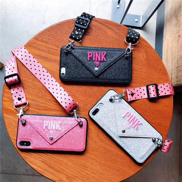 

Luxury PINK Glitter Embroidery Leather Case for iPhone 7 7Plus Fashion Wave Point Lanyard Case For iphone XS Max X 8 6 6s Plus