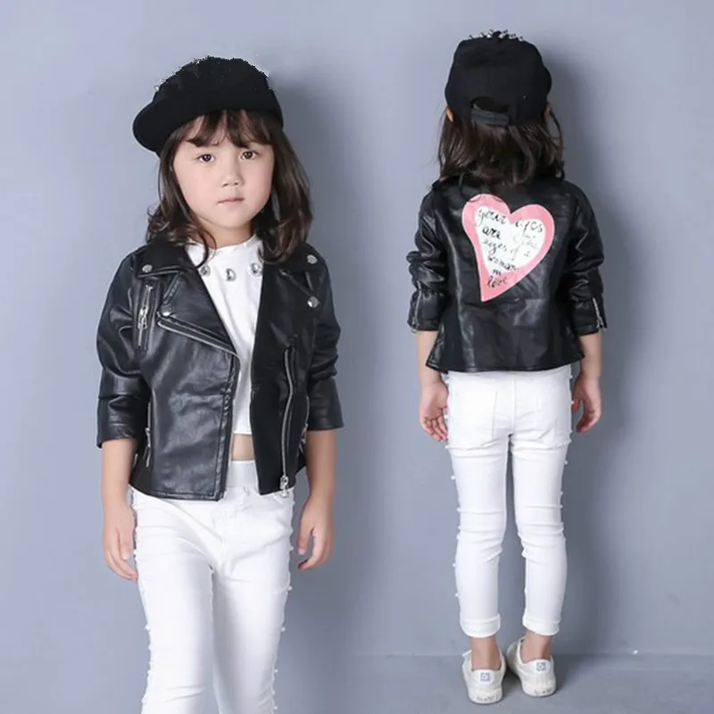Girl heart shape back PU jackets coat baby girls leather jacket autumn