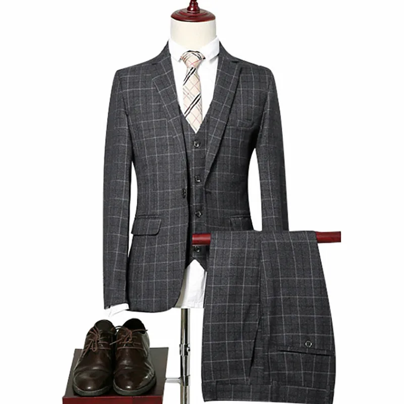 

Men's suits plaid boutique business suit 3 piece set (blazer + vest + pants) gentleman groom wedding dress banquet suit M-5XL