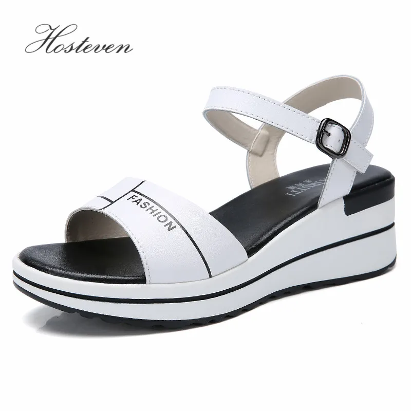 

Hosteven Women Sandals Genuine Leather Casual Fashion Female Shoes Summer Wedges Comfortable Ladies Shoes Soild Sandals