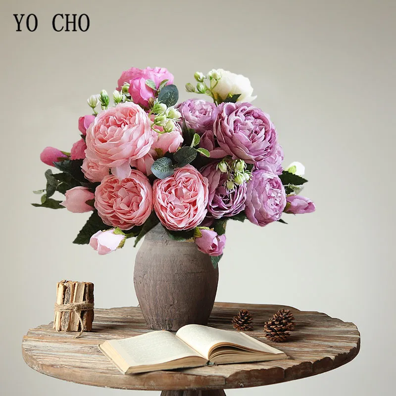 YO CHO фиолетовый розовый белый пионы розы Искусственные цветы 5 больших головок 4 бутона/Букет Шелковый Пион для свадьбы