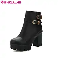 VINLLE 2018 Women Winter Buckle Punk Shoes Autumn PU Leather Square High Heel Ankle Boots Women Fashion Platform Boot Size 34-43