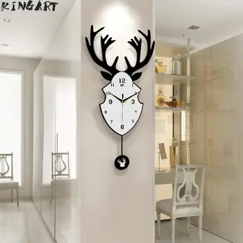 

Big Deer Head Pendant Wall Clock Creative Living Room Modern Design Wall Clock Simple Bedroom Quiet Wall Watch 894806