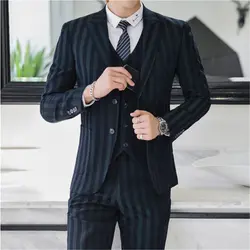 2019 Новый Для мужчин полосатые куртки + брюки + жилеты Бизнес свадебный банкет элегантный Костюмы Для мужчин 3 предмета Комплект Азии Размеры