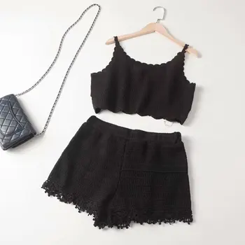 

Women Solid Lace Two Piece Set Sleeveless Crop Top And Shorts Matching Sets Streetwear Hollow Out Shorts Set