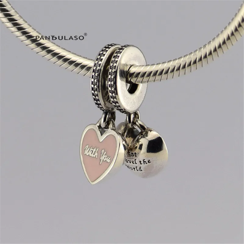 

Pandulaso Travel With You Pink Enamel Heart Crystal Beads For Jewelry Making Fit Original Charms Bracelets & Bangles DIY Jewelry