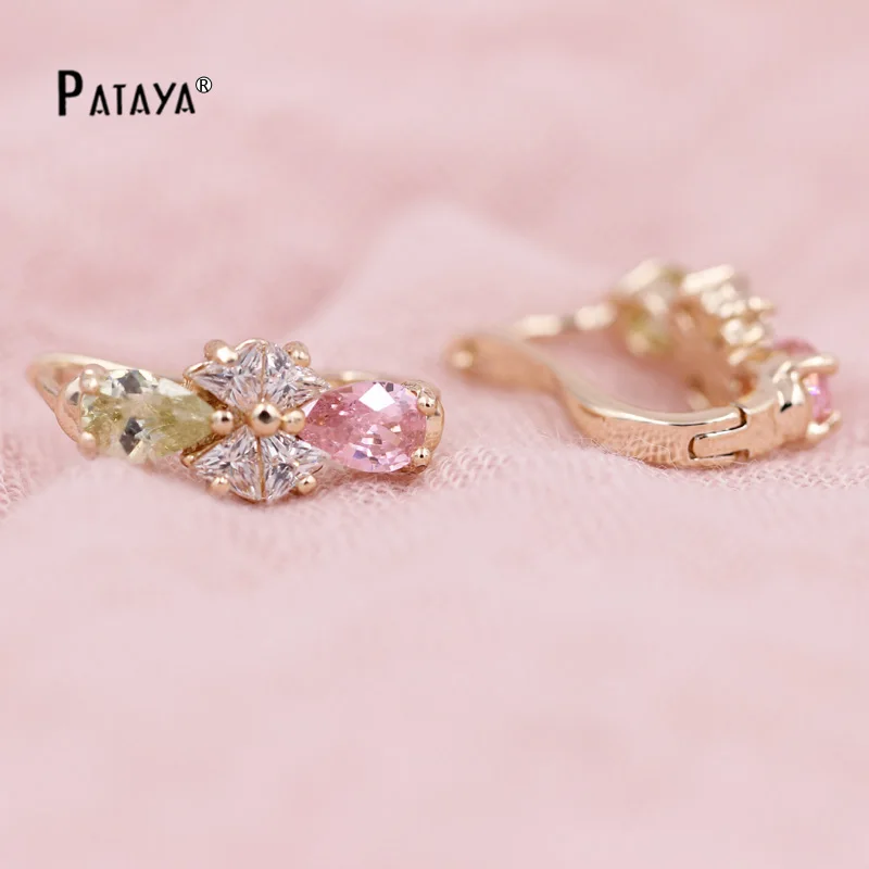 PATAYA, цветные длинные серьги для девушек, 585, розовое золото, Eeardrop, Розовый Природный Цирконий, модные ювелирные изделия, роскошные серьги с кристаллами