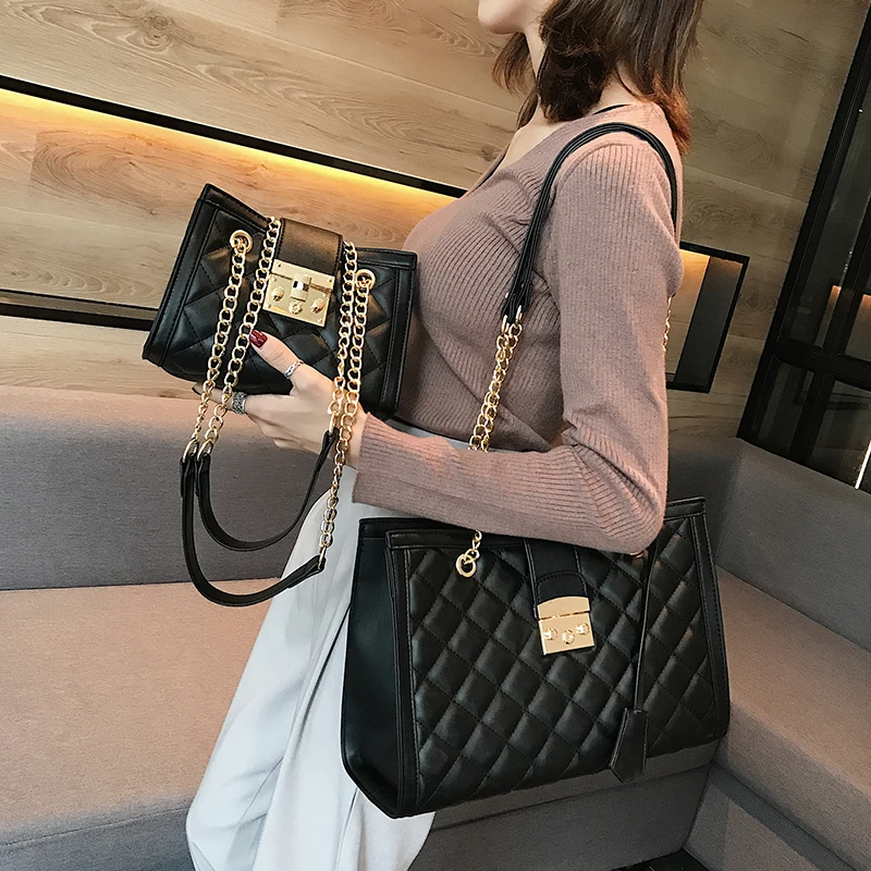 

Women Leather Shoulder Bags 2019 New Large Capacity Chain Handbags Quality Lady Quilted Plaid Crossbody Bag sac a main femme