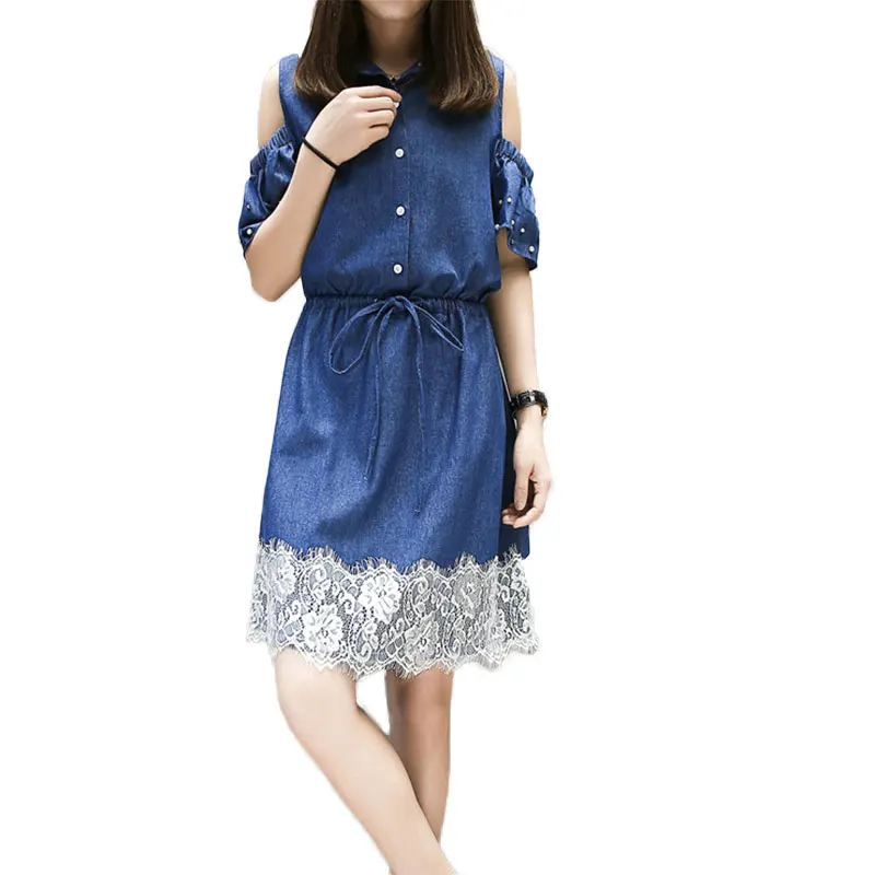 

2018 Vintage Summer Lace Bead Female Denim Dresses Fashion Plus Size XL-5XL Women Casual Off Shoulder Blue Jeans Dress Clothing