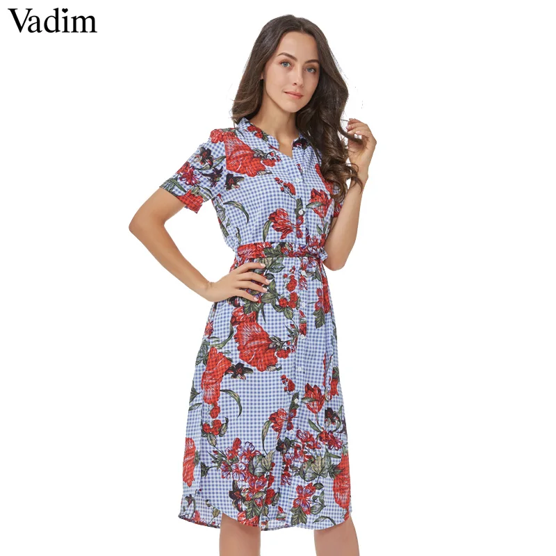 

Vadim women floral plaid dress sashes short sleeve v neck vintage split summer casual mid-calf dresses vestidos QZ3018