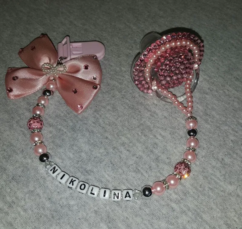 Personalised-any name set stunning pink bling pacifier clip holder dummy clip with bling pacifier for lovely baby