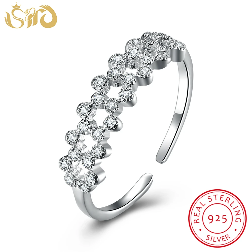 

SHD Adjustable High-end 925 Sterling Silver Rings for Women Holow Out Flower Full Setting CZ Crystal Silver Ring