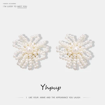 

Yhpup Fashion Exquisite Handmade Pearls Stud Earrings Flower Sweet Romantic Earrings Charm for Bride Wedding Jewelry Party Gift