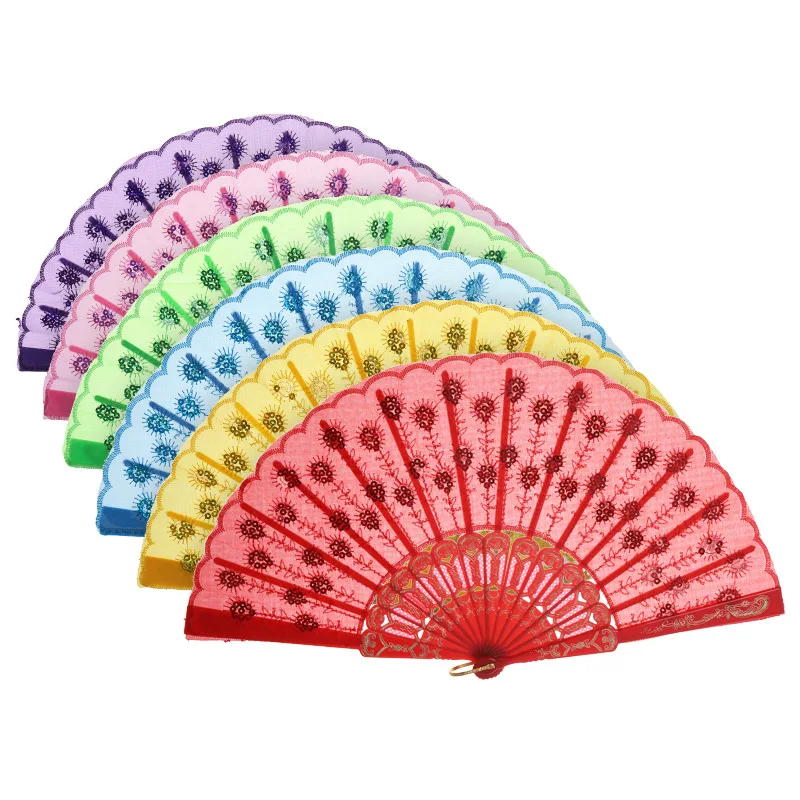 10 цветов винтажный вышитый ручной складной вентилятор с блестками танцевальные свадебные принадлежности, домашний декор