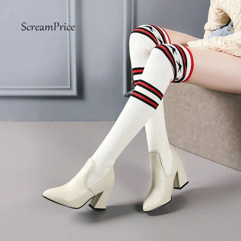 

Women Knitting Stretch Boots Squar High Heel Fashion Over the Knee Boots Pointed Toe Thigh Boots Fall Winter Female Shoes 2018