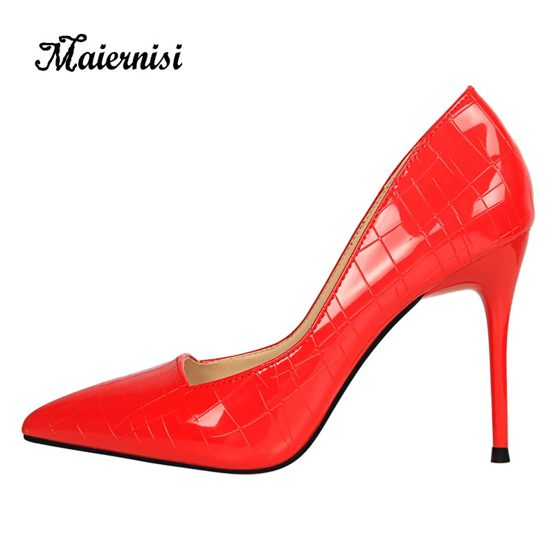 

MAIERNISI Autumn New 9.5cm Women Pumps Simple Pointed Stone Pattern Single Shoes Women PU Leather Pointed Toe Sandals