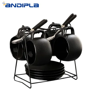 

250cc Black Coarse Pottery Coffee Set Cup and Saucer Spoon Drinkware Latte Espresso Coffee Breakfast Tea Mug Vintage Home Decor