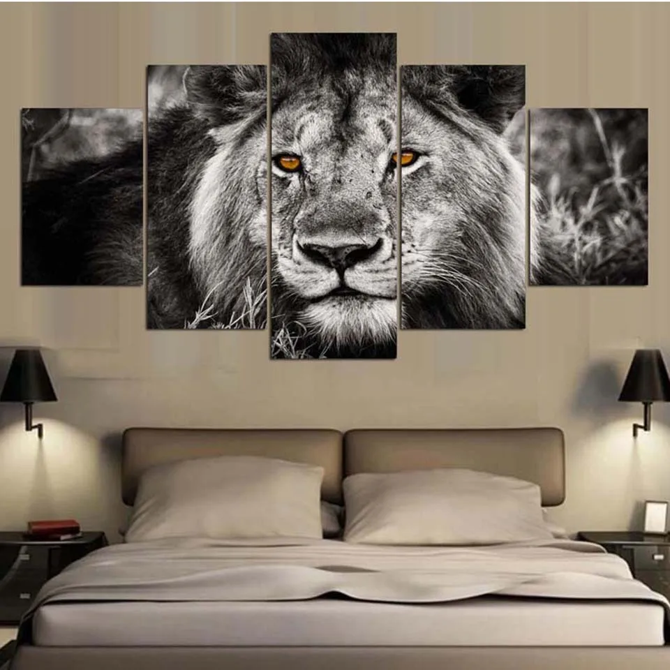 

Living Room HD Prints Modular Canvas Poster 5 Panels Wild Animal Lion Framework Wall Art Painting Home Decor Monochrome Picture