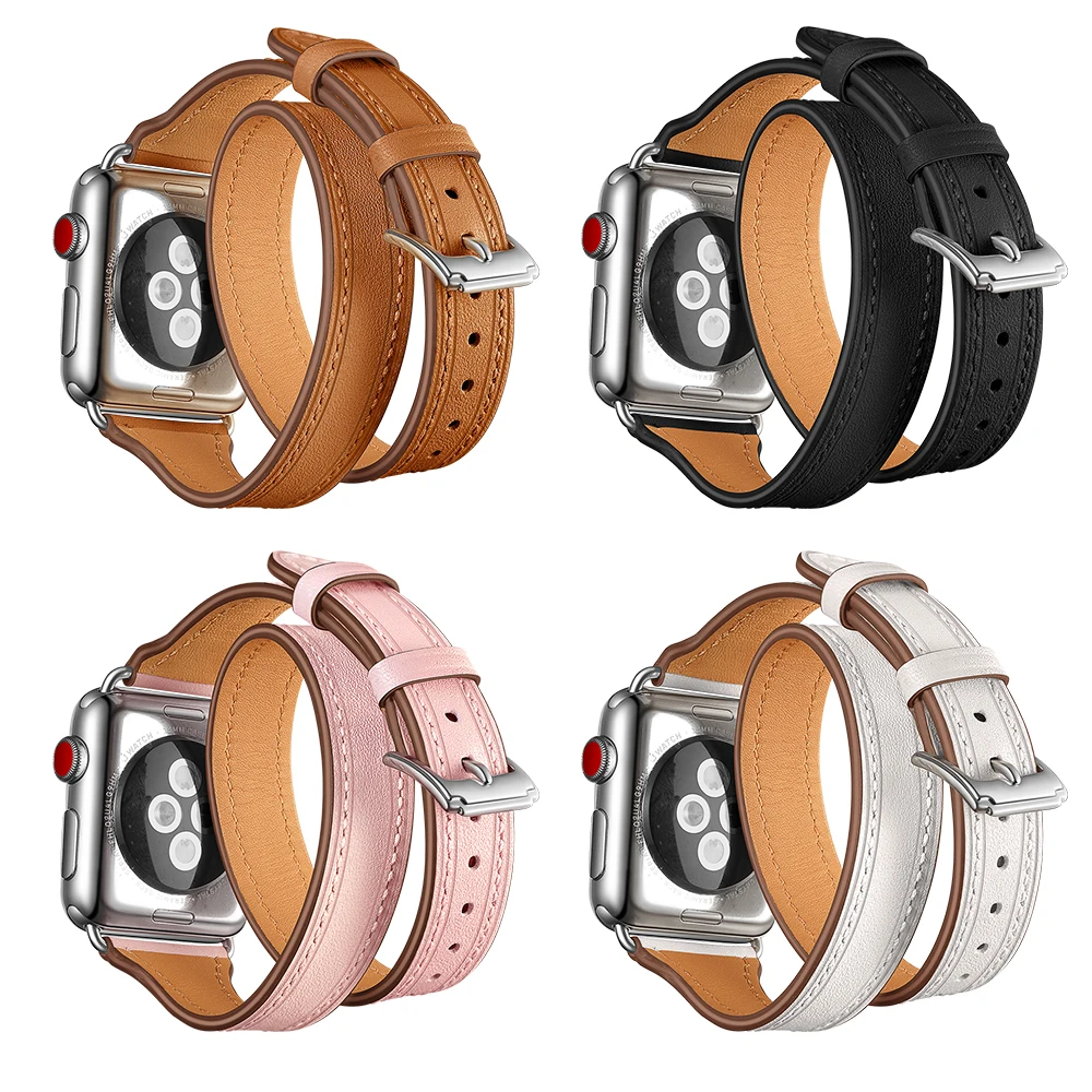 

New Double-Loop Genuine Leather Watch Strap for Apple Watch Series 4/3/2/1 Watchbands Wrist Band For iWatch 44mm 40mm 38mm 42mm