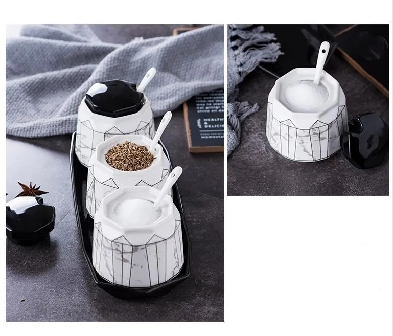 Kitchenware supplies ceramic marble spice jar sugar cans geometric pattern olive oil vinegar bottle kitchen cooking tools