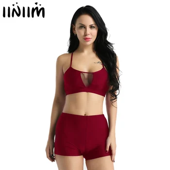 

Femme Womens Activewear Ballet Lyrical Dance Costumes Mesh Splice Tank Crop Top with Tight Short for Gymnastics Sportswear