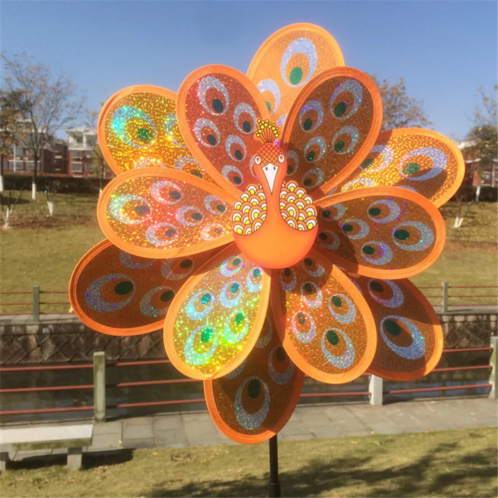 1Pc Double Layer Peacock Laser Sequins Windmill Yard Stand Wind Spinner Home Garden Decoration Party Decor Toy Gift Garden Decor