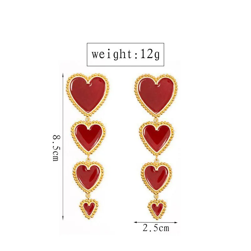 Дизайн, модная цепочка с четырьмя сердечками, красные, белые, черные длинные висячие серьги для женщин, женские винтажные серьги, золотые серьги