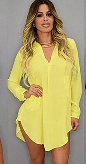 

MLXSLKY Summer European station new long-sleeved V-neck chiffon shirt women 5XL yellow high-quality sexy shirt blouse