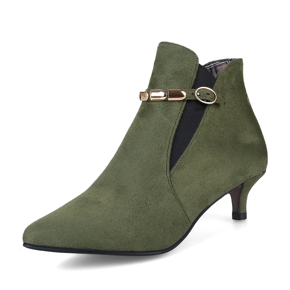 BONJOMARISA/женские сапоги размера плюс, большие размеры: 33-46 Лидер продаж весенние черные ботинки «Челси»; женская обувь с острым носком, без шнуровки, женские ботинки на низком каблуке металлическое украшение; обувь - Цвет: green flock no fur