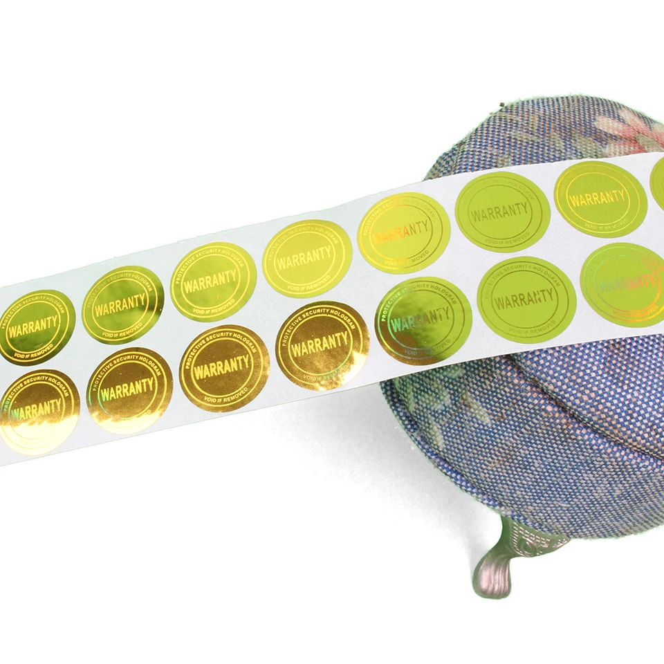 

15mm round shape gold laser hologram stickers,1000pcs self adhesive one time use warranty void if removed stickers