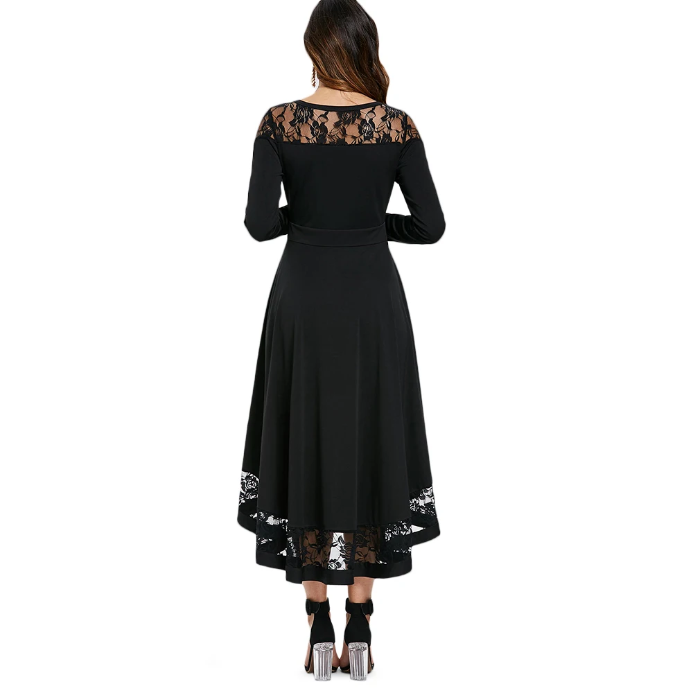 VESTLINDA Lace Dress Women O Neck Long Sleeve Dress 2018 Autumn A Line High Waist Midi Vestidos Solid Black Casual Ladies Dress 8