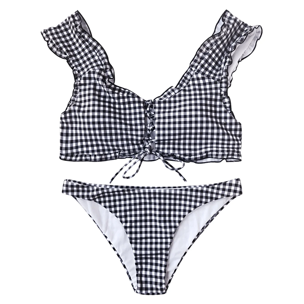 High Quality Plaid Hollow Bikini Brazilian Ruffle Swimsuit Frilly Women