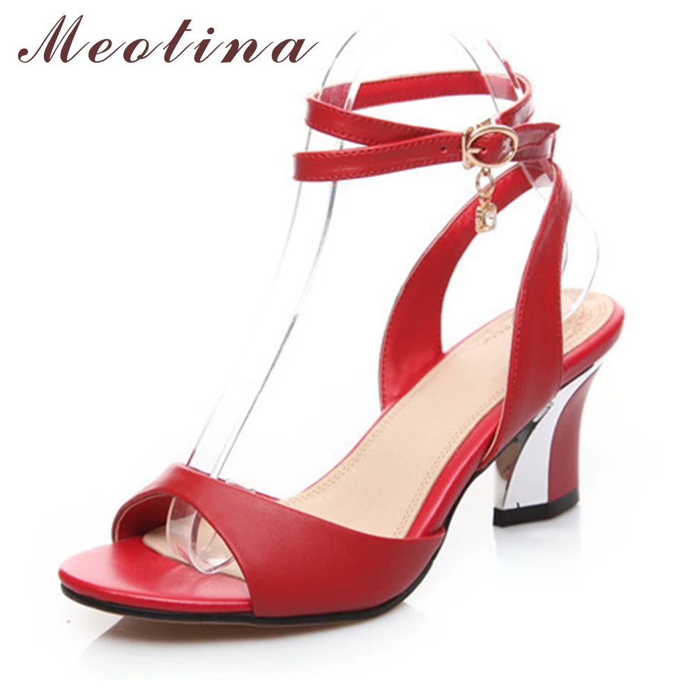 

Meotina Genuine Leather Sandals Big Size 34-44 Ankle Strap Women Sandals Peep Toe Chunky Medium Heels Rhinestone Black Red White