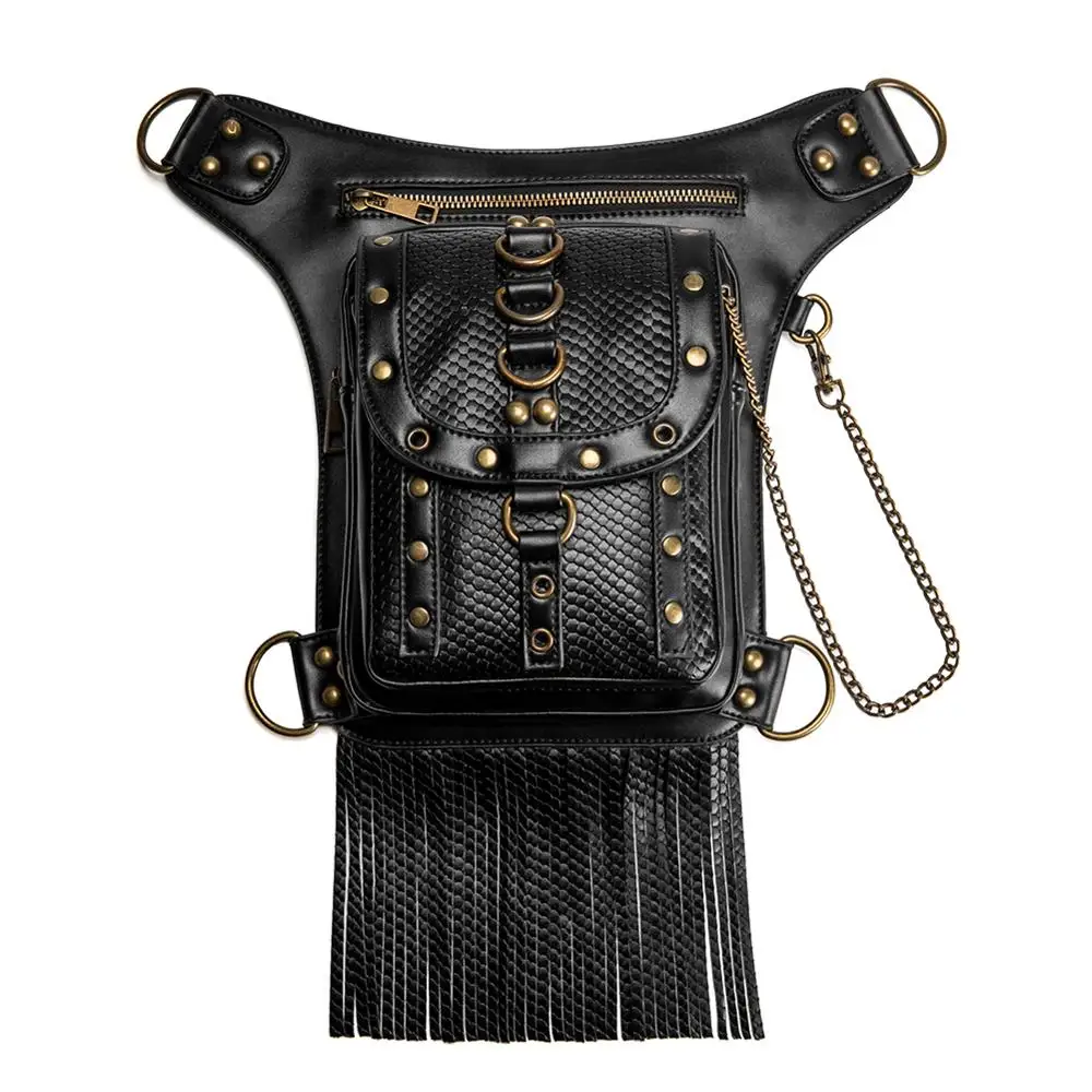 

Steampunk Waist Bags Vintage Women Black Leather Street Style Mini Motorcycle Leg Thigh HolsterBag Crossbody Bag