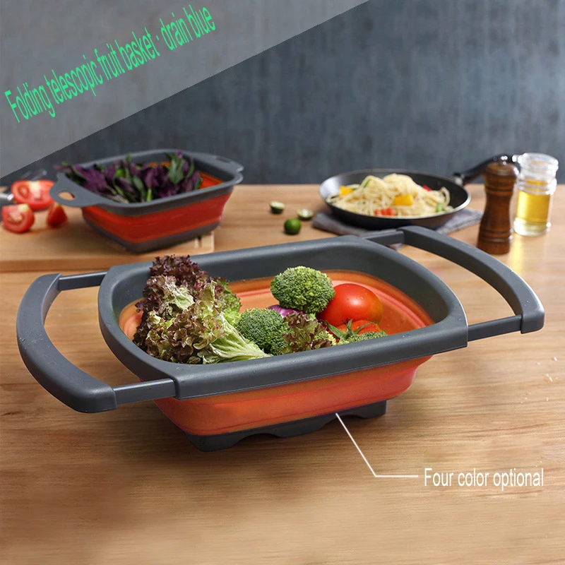 

QQJJ(QQJJ) Silicone Folding Drain Basket 3 Colors Creative Retractable Silicone Fruit Vegetable Colander Kitchen Storage Gadgets