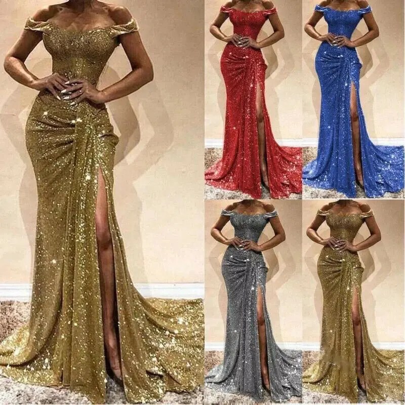 Women's Formal Long Dresses Off-Shoulder Sleeveless High Waist Sparkling Dress Wedding Evening Party Ball Prom Gown