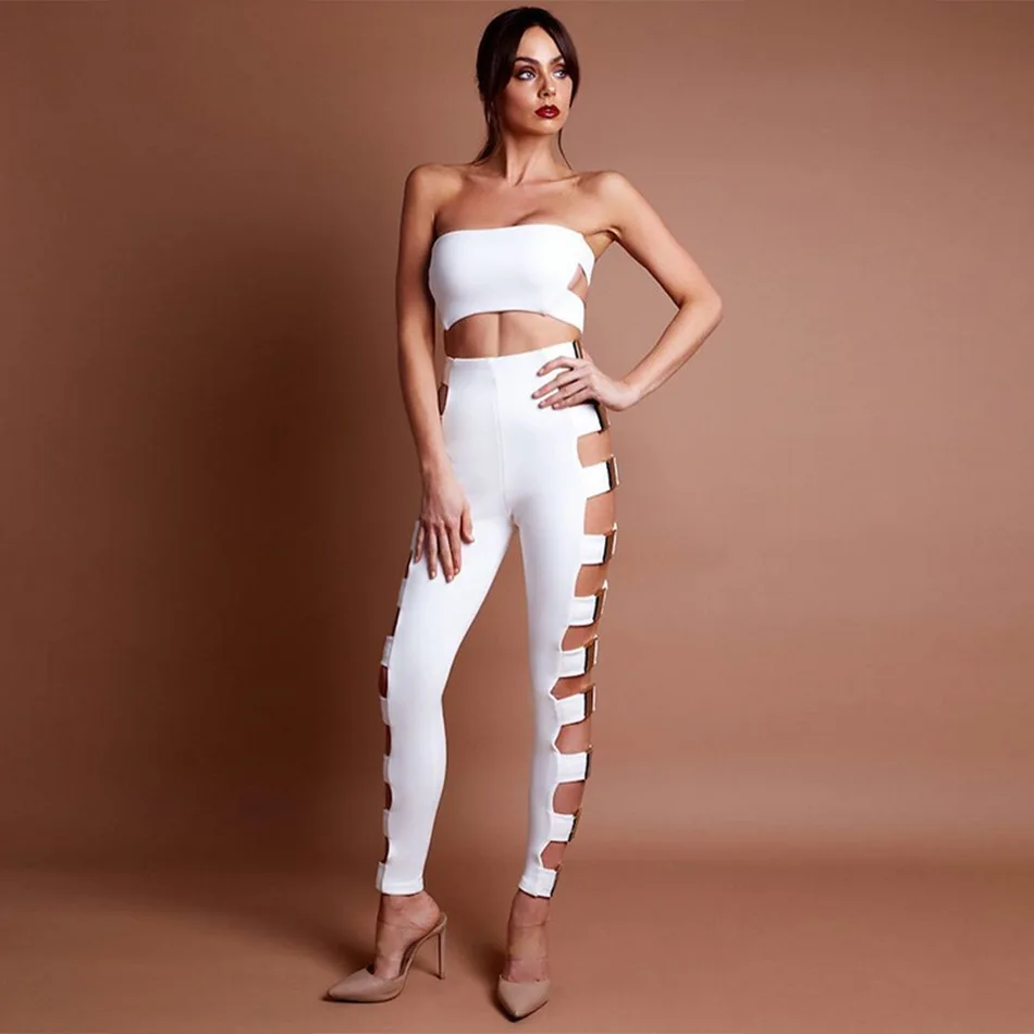 

New Arrival 2 Pieces set Celetrity Club Party Bodycon Bandage Playsuit Pants Black White Women Bodysuit Bandage Jumpsuit