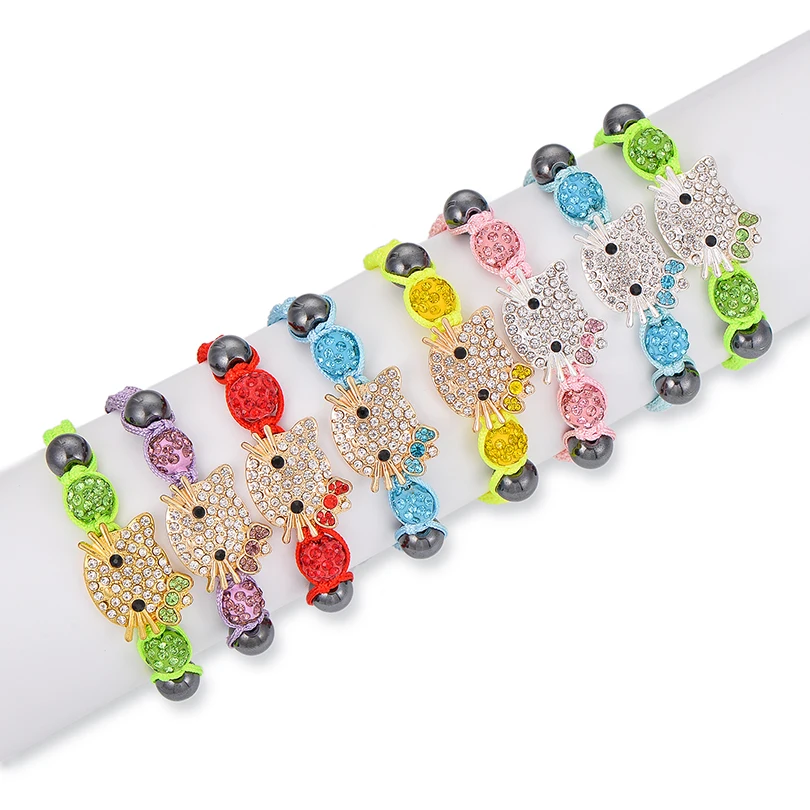 Neovivi прекрасный детский браслет с кошкой, очаровательные стразы, круглые хрустальные бусины, многоцветные плетеные браслеты, детские украшения своими руками
