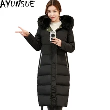 Высококачественная женская зимняя куртка, женский длинный пуховик с широкой талией, пуховик с капюшоном из натурального меха енота, Женская парка, ST419