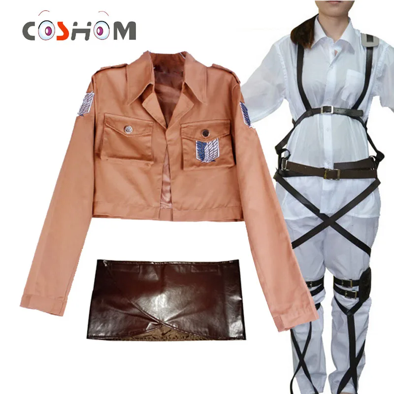 Coshome Атака Титанов Косплей Shingeki no Kyojin Mikasa Ackerman костюм шаль ремень Костюм кожаные