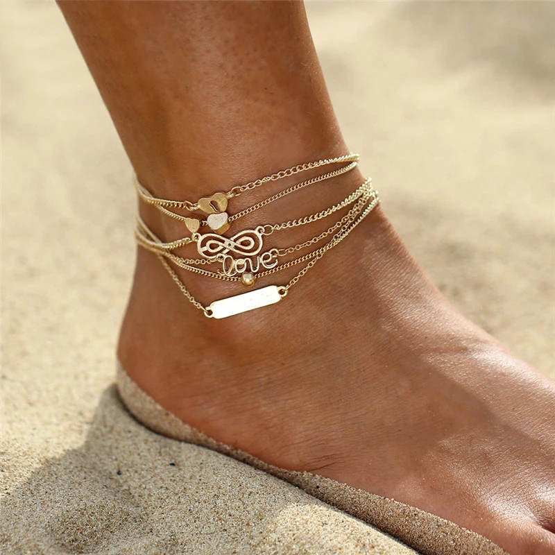 

2019 Boho Heart Infinity Sequins Anklets Set For Women Bohemian Anklet Bracelets Set Fashion Beach Foot Party Statement Jewelry