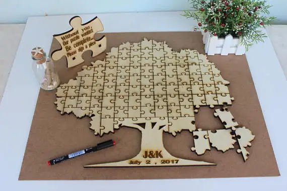 

Personalized intials date rustic puzzle wedding day guest books TREE of Life Alternative Wooden guestbooks party favors decor