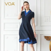 VOA тяжелый шелк офисная работа женские платья тонкий V образным вырезом для женщин миди платье темно синий короткий рукав Элегантный vestido одежда осень A765