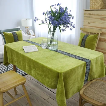 

Green Embroidery Tablecloth High Quality Thicken Dustproof Square Rectangular Dinning Cover Luxury Embroidered Table Cloth
