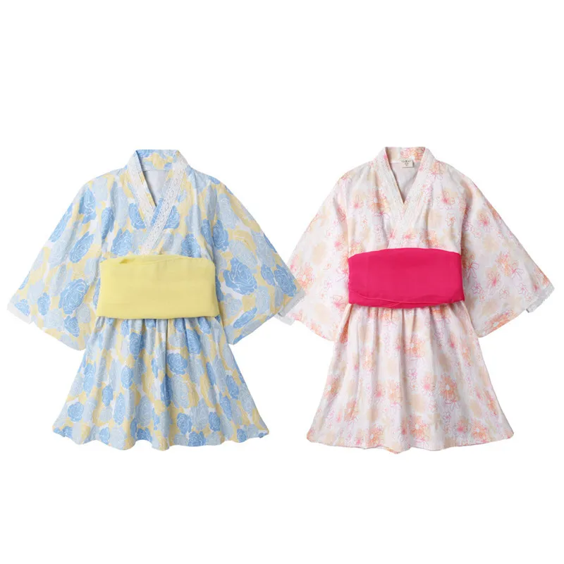 

baby girls Kimono floral print cotton new summer bow sash kids clothing bathrobe dress children vestidos
