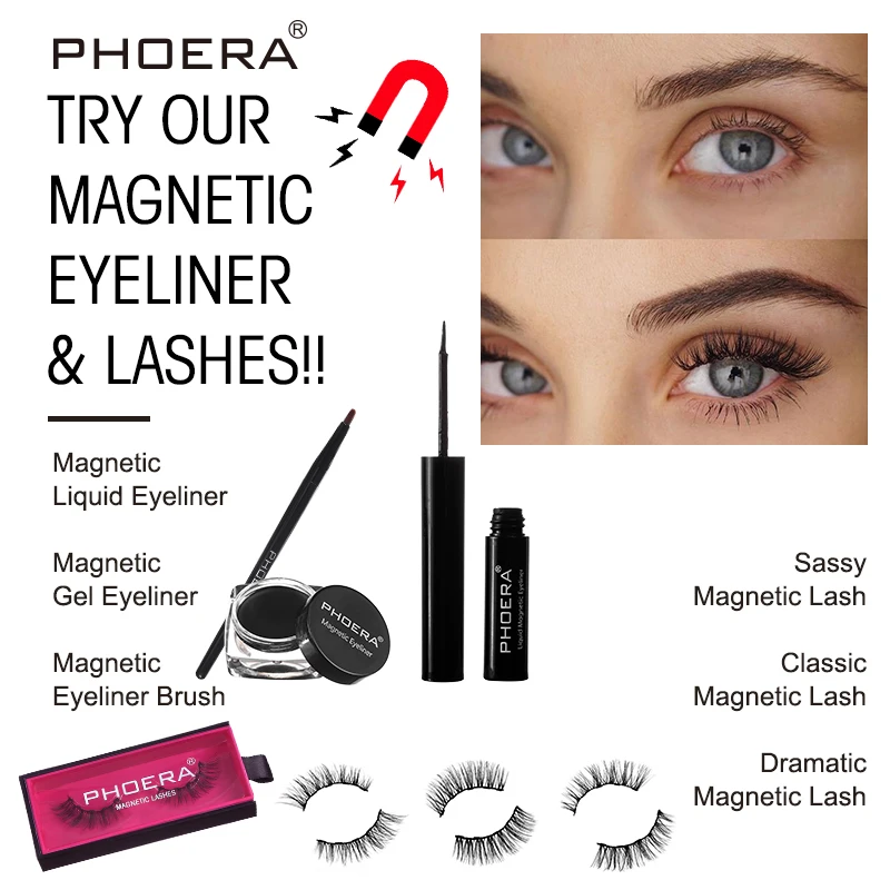 PHOERA Magnetic Eyeliner Eyelashes Kit 3D Magnet False Eyelash Reusable& Liquid Eyeliner& Brush Set Waterproof Lasting Makeup