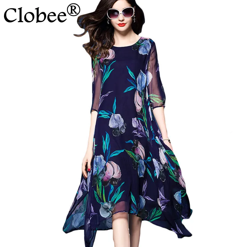 

Retro Summer Chiffon Silk Dress Women Elegant Retro Floral Print Dresses Ladies Female Vintage Slim Dresses Woman Midi Vestidos
